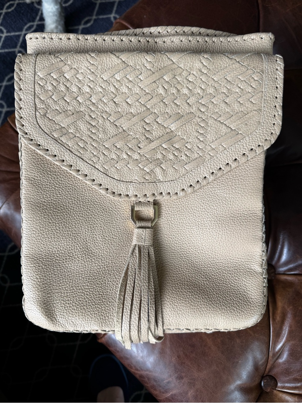 Cleobella Beige Woven-Flap Tassel Backpack